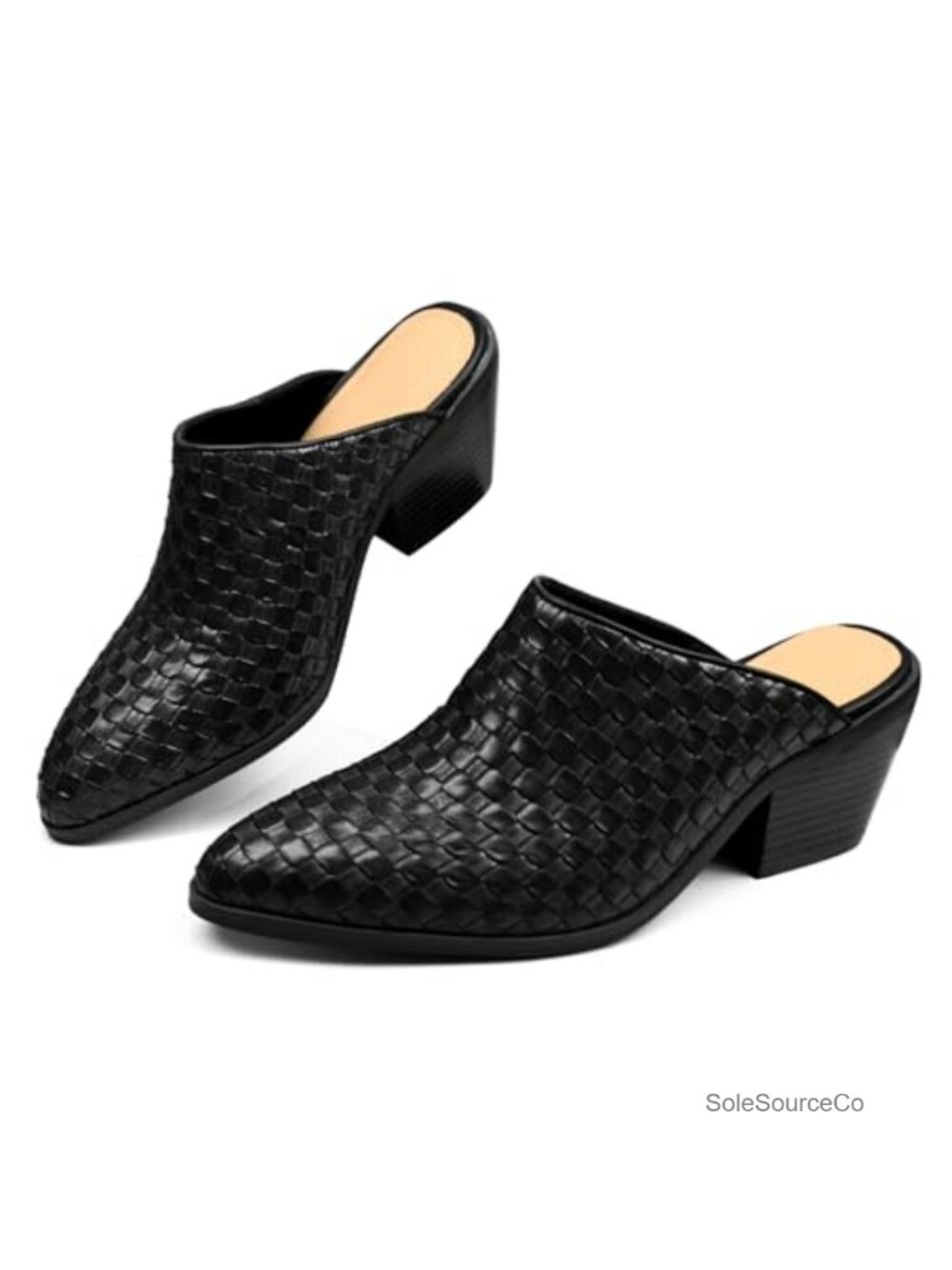 Womens Faux Leather Pointed Toe Block Heel Mules Slip On Chunky Stacked Heel
